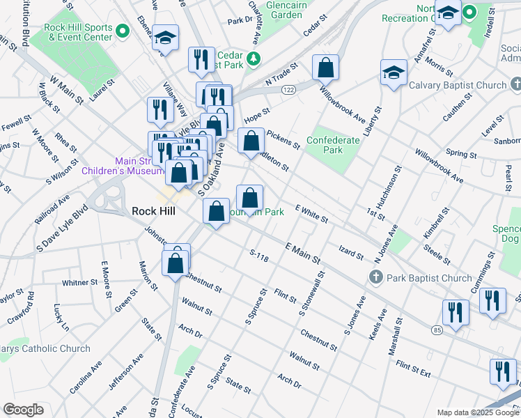 map of restaurants, bars, coffee shops, grocery stores, and more near 332 East White Street in Rock Hill