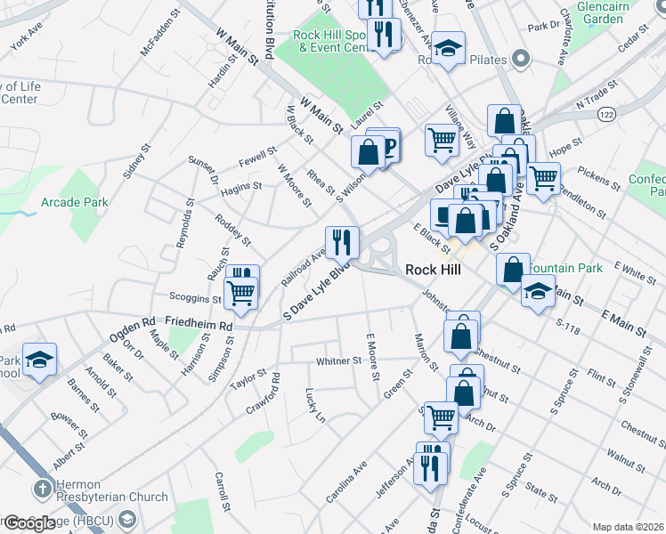 map of restaurants, bars, coffee shops, grocery stores, and more near 412 South Dave Lyle Boulevard in Rock Hill