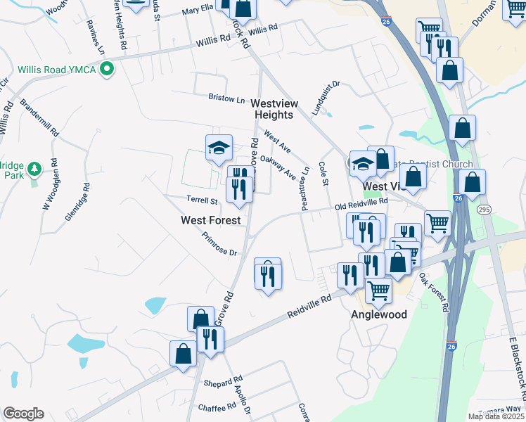 map of restaurants, bars, coffee shops, grocery stores, and more near 416 Ridgecrest Drive in Spartanburg