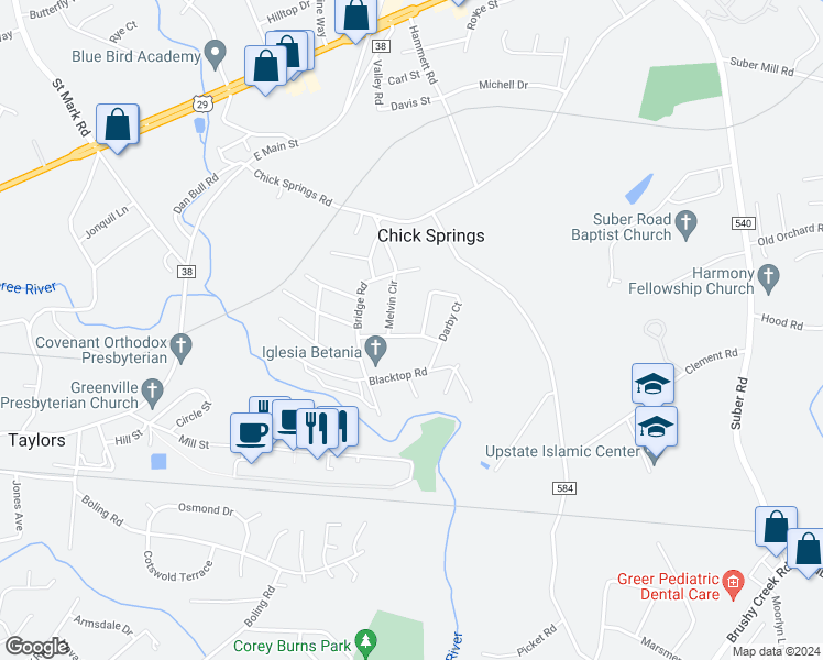 map of restaurants, bars, coffee shops, grocery stores, and more near 134 Darby Court in Taylors
