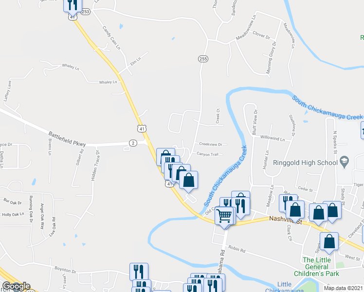 map of restaurants, bars, coffee shops, grocery stores, and more near 22 Indigo Lane in Ringgold