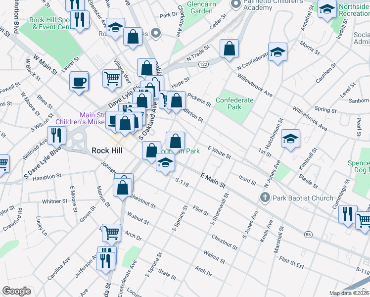 map of restaurants, bars, coffee shops, grocery stores, and more near 332 East White Street in Rock Hill