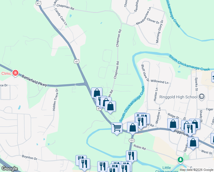 map of restaurants, bars, coffee shops, grocery stores, and more near 257 Chapman Road in Ringgold