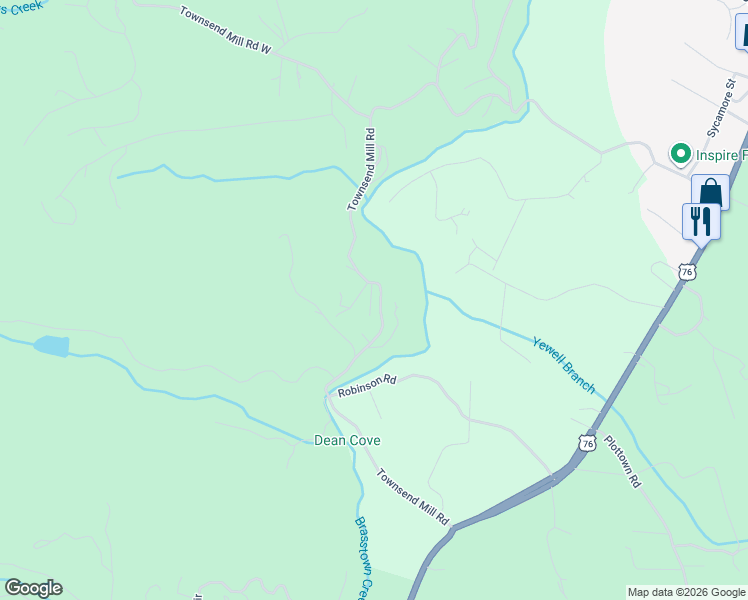map of restaurants, bars, coffee shops, grocery stores, and more near 1637 Townsend Mill Road in Young Harris