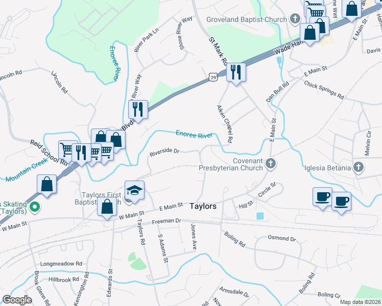 map of restaurants, bars, coffee shops, grocery stores, and more near 3 Riverside Drive in Taylors