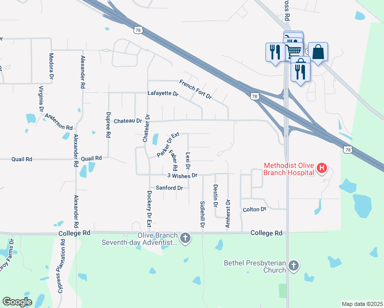 map of restaurants, bars, coffee shops, grocery stores, and more near 4331 Lexi Drive in Olive Branch