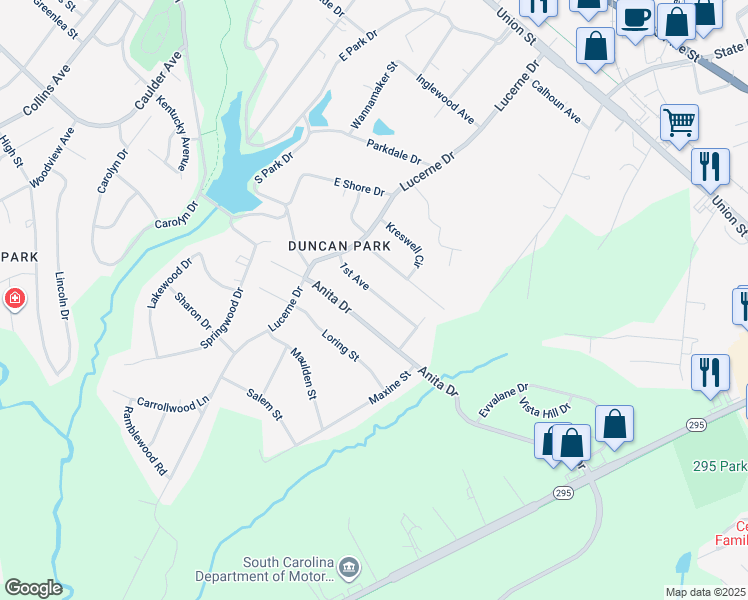 map of restaurants, bars, coffee shops, grocery stores, and more near 114 1st Avenue in Spartanburg