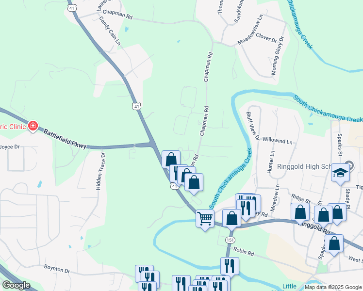 map of restaurants, bars, coffee shops, grocery stores, and more near 22 Indigo Lane in Ringgold