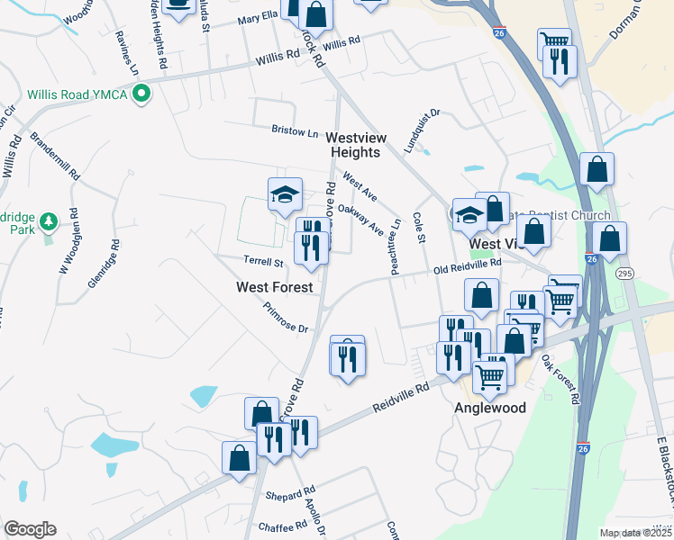 map of restaurants, bars, coffee shops, grocery stores, and more near 110 Westview Falls Terrace in Spartanburg