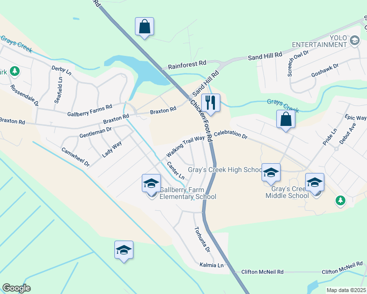 map of restaurants, bars, coffee shops, grocery stores, and more near 5525 Walking Trail Way in Hope Mills