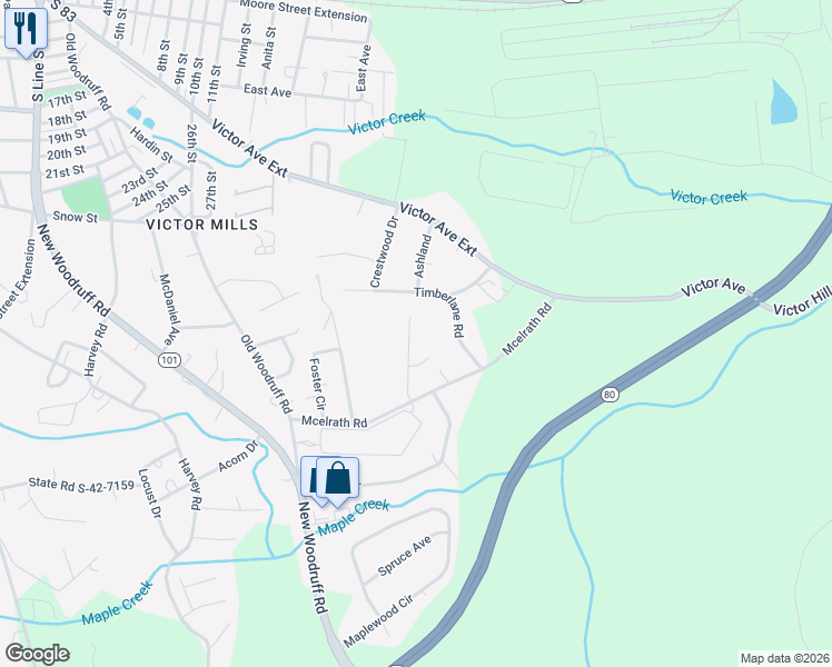 map of restaurants, bars, coffee shops, grocery stores, and more near 134 Cosmos Lane in Greer