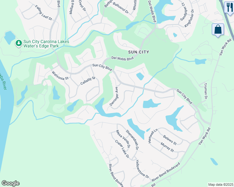 map of restaurants, bars, coffee shops, grocery stores, and more near Derringer Avenue in Fort Mill