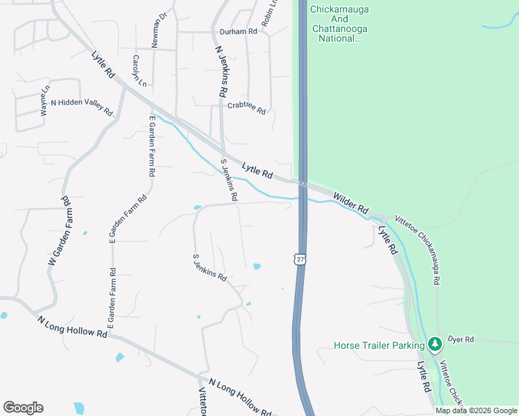 map of restaurants, bars, coffee shops, grocery stores, and more near 153 South Jenkins Road in Chickamauga