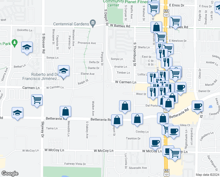 map of restaurants, bars, coffee shops, grocery stores, and more near 640 Vista Circle in Santa Maria