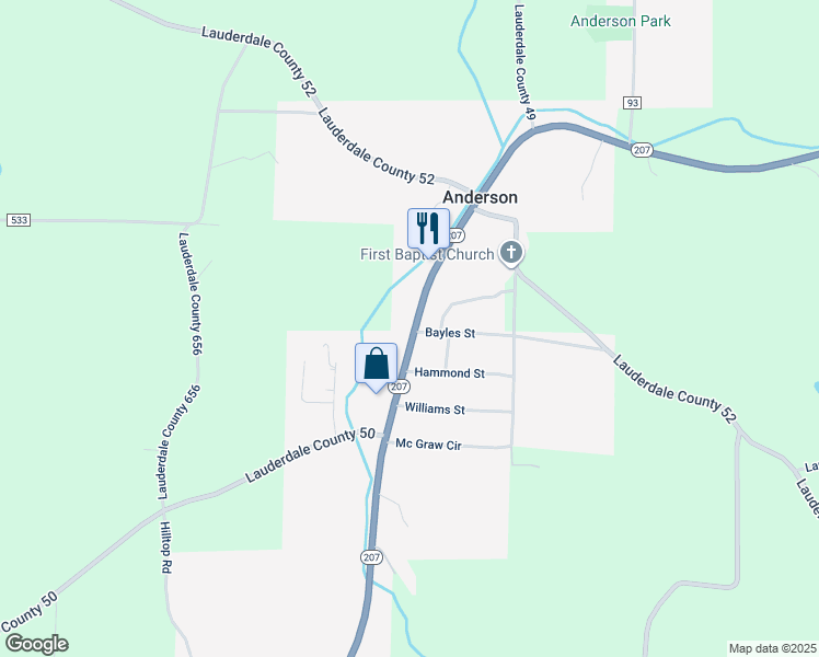 map of restaurants, bars, coffee shops, grocery stores, and more near 7221 Alabama 207 in Anderson