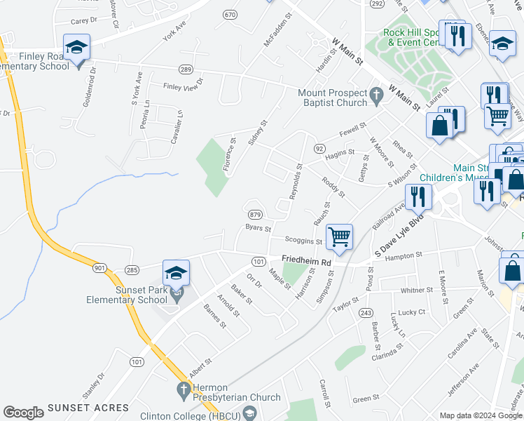 map of restaurants, bars, coffee shops, grocery stores, and more near 92 Virginia Street in Rock Hill