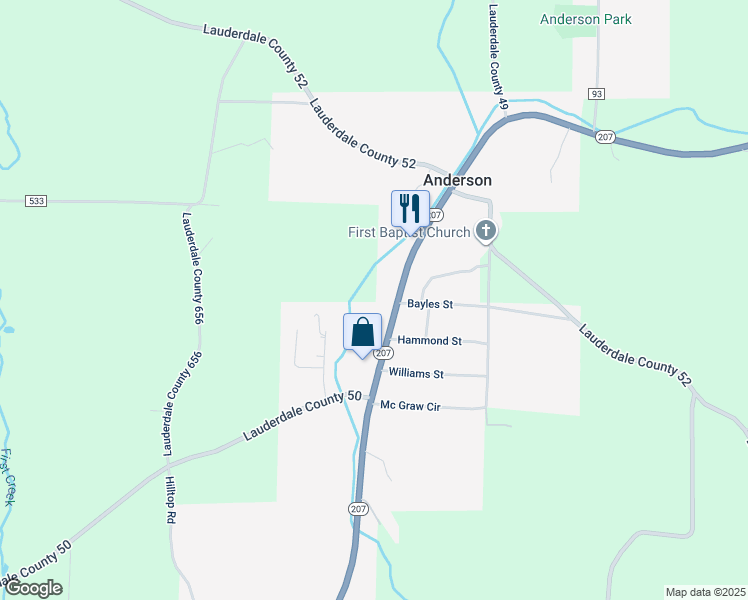 map of restaurants, bars, coffee shops, grocery stores, and more near 7221 Alabama 207 in Anderson