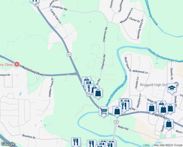 map of restaurants, bars, coffee shops, grocery stores, and more near 22 Indigo Lane in Ringgold
