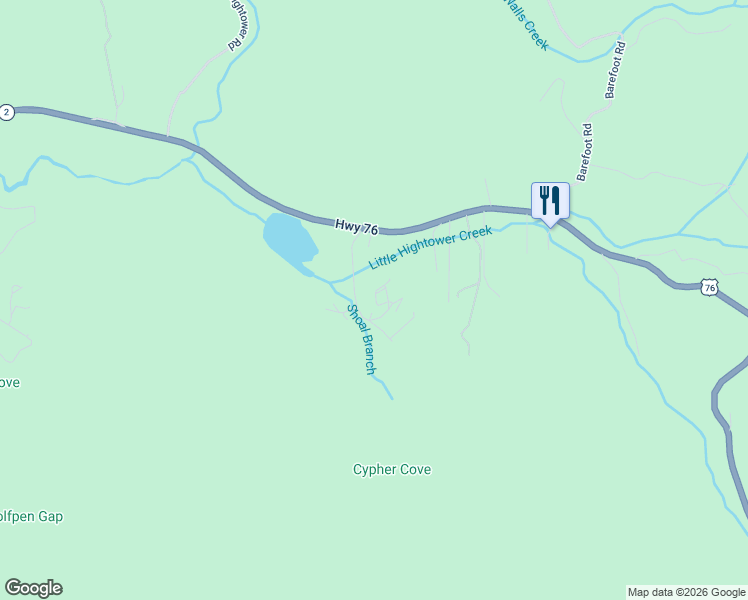 map of restaurants, bars, coffee shops, grocery stores, and more near 1855 Deer Run Circle in Hiawassee