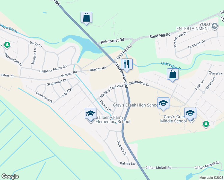 map of restaurants, bars, coffee shops, grocery stores, and more near 5517 Walking Trail Way in Hope Mills