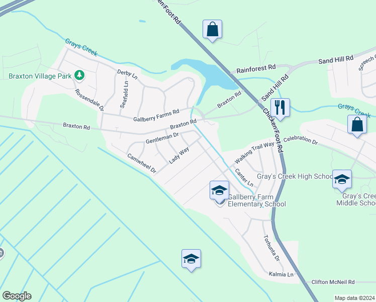 map of restaurants, bars, coffee shops, grocery stores, and more near 5713 Lady Way in Hope Mills