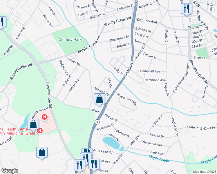 map of restaurants, bars, coffee shops, grocery stores, and more near 101 Crest Street in Greer