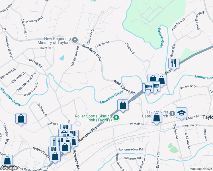 map of restaurants, bars, coffee shops, grocery stores, and more near 201 Reid School Road in Taylors