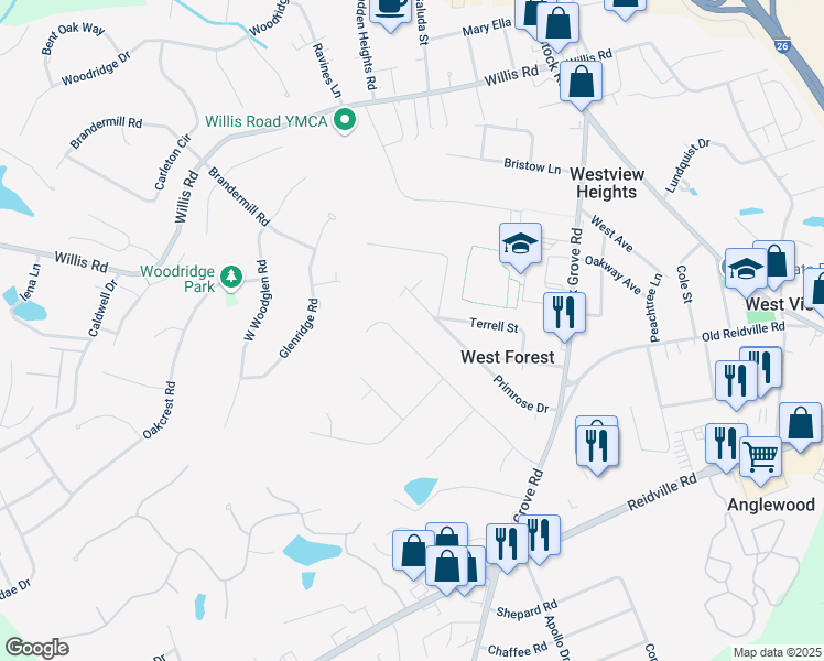 map of restaurants, bars, coffee shops, grocery stores, and more near 136 West Forest Drive in Spartanburg