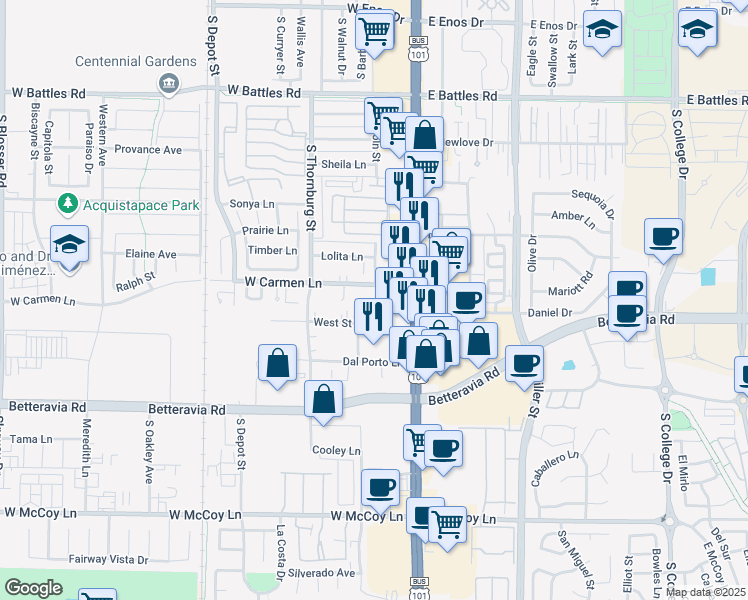 map of restaurants, bars, coffee shops, grocery stores, and more near 124 West Carmen Lane in Santa Maria