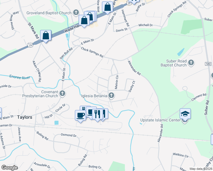 map of restaurants, bars, coffee shops, grocery stores, and more near 4 Center Street in Taylors