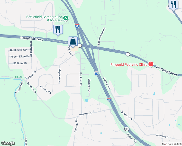 map of restaurants, bars, coffee shops, grocery stores, and more near 322 Shannon Drive in Ringgold
