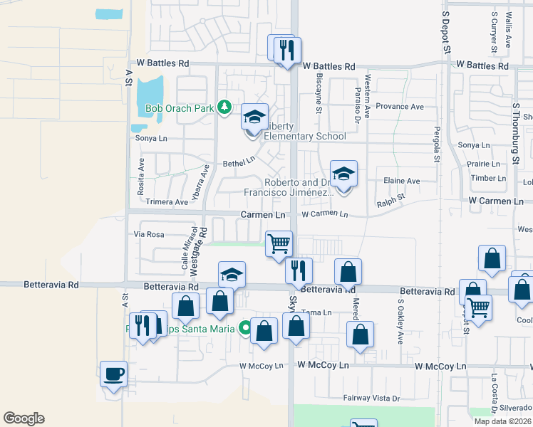 map of restaurants, bars, coffee shops, grocery stores, and more near Carmen Lane in Santa Maria