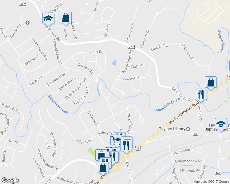map of restaurants, bars, coffee shops, grocery stores, and more near 4 Old Mill Court in Taylors