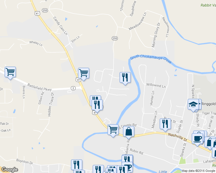 map of restaurants, bars, coffee shops, grocery stores, and more near 257 Chapman Road in Ringgold