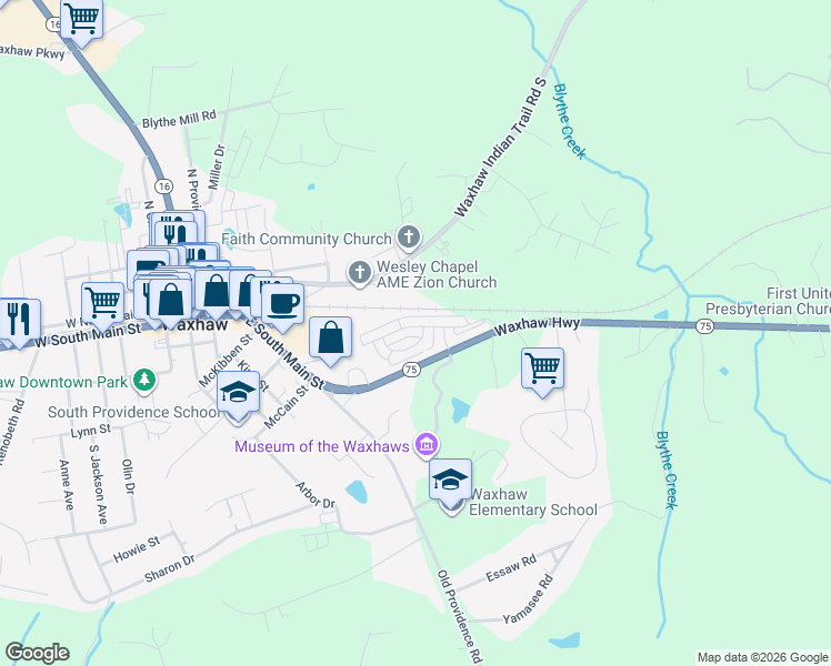 map of restaurants, bars, coffee shops, grocery stores, and more near 8801 Brakeman Drive in Waxhaw