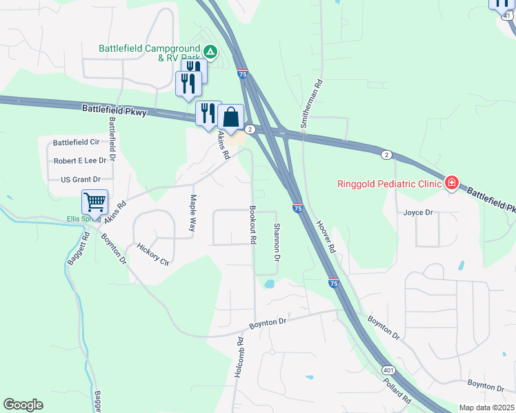 map of restaurants, bars, coffee shops, grocery stores, and more near 368 Shannon Drive in Ringgold