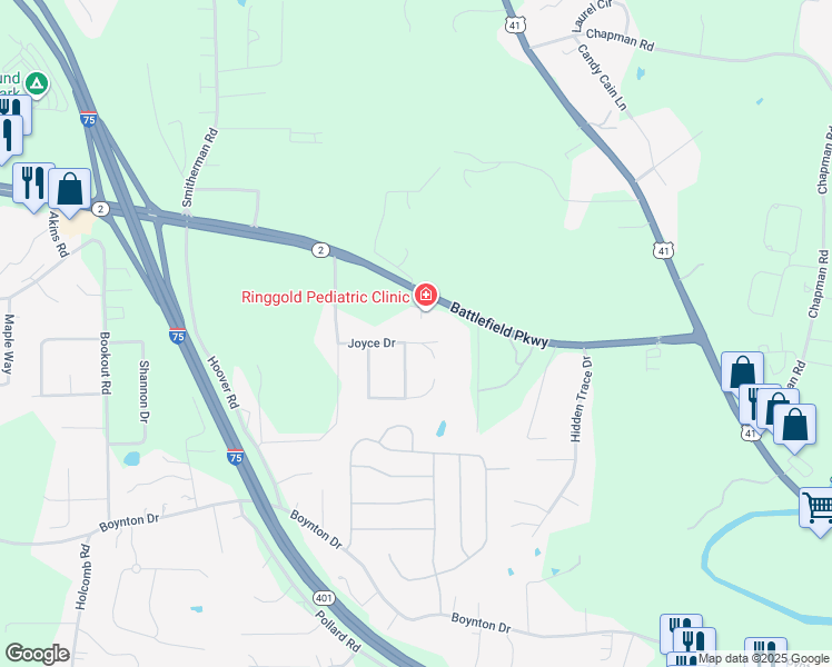 map of restaurants, bars, coffee shops, grocery stores, and more near 167 Joyce Dr in Ringgold