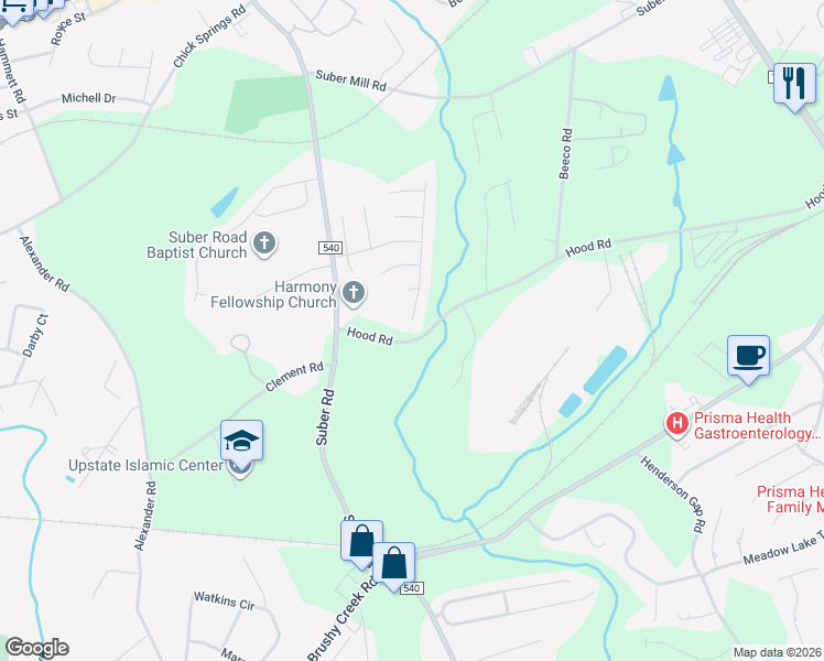 map of restaurants, bars, coffee shops, grocery stores, and more near 210 Admiral Lane in Greer