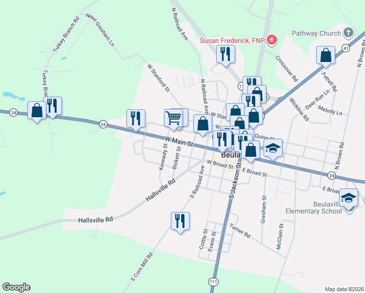 map of restaurants, bars, coffee shops, grocery stores, and more near 503-513 W Main St in Beulaville