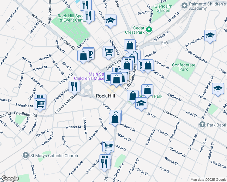 map of restaurants, bars, coffee shops, grocery stores, and more near 137 Hampton Street in Rock Hill