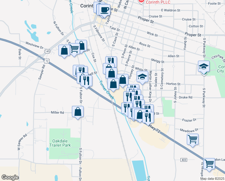 map of restaurants, bars, coffee shops, grocery stores, and more near 810 South Cass Street in Corinth