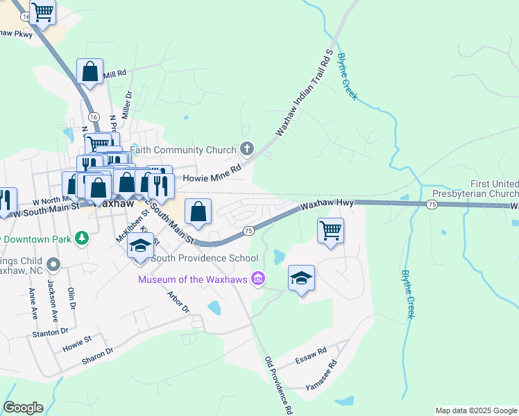 map of restaurants, bars, coffee shops, grocery stores, and more near 8801 Brakeman Drive in Waxhaw