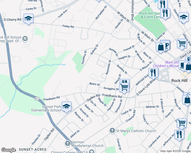 map of restaurants, bars, coffee shops, grocery stores, and more near 92 Virginia Street in Rock Hill