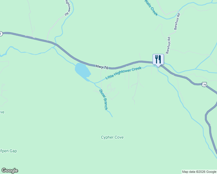 map of restaurants, bars, coffee shops, grocery stores, and more near 1855 Deer Run Circle in Hiawassee