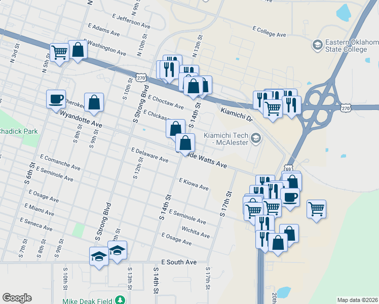 map of restaurants, bars, coffee shops, grocery stores, and more near 1422 East Cherokee Avenue in McAlester