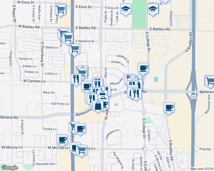 map of restaurants, bars, coffee shops, grocery stores, and more near 422 Mariott Road in Santa Maria