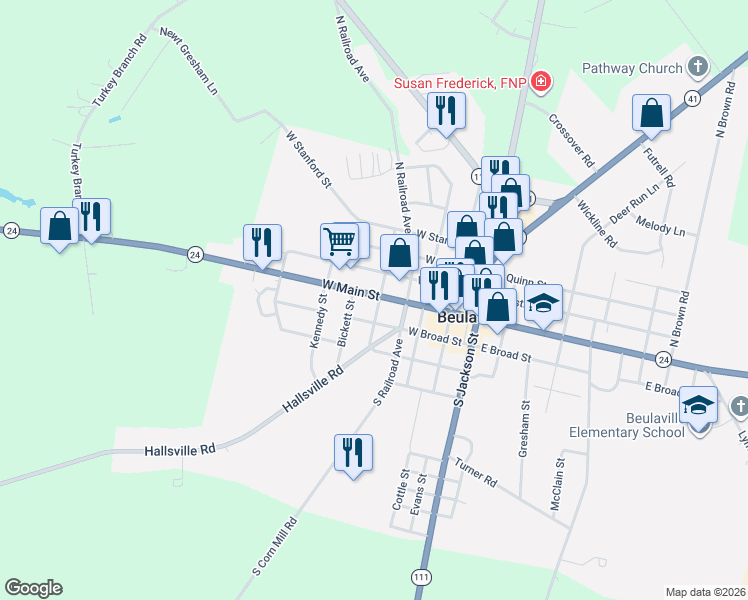 map of restaurants, bars, coffee shops, grocery stores, and more near 503-513 West Main Street in Beulaville
