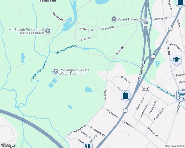 map of restaurants, bars, coffee shops, grocery stores, and more near 253 Farmstead Court in Rockingham