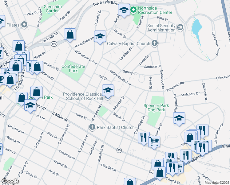 map of restaurants, bars, coffee shops, grocery stores, and more near 424 Kimbrook Court in Rock Hill