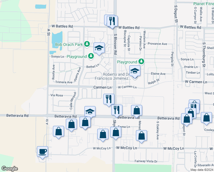 map of restaurants, bars, coffee shops, grocery stores, and more near 8 Carmen Lane in Santa Maria